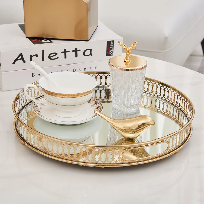 Luxury gold metal interior household home decor accessories artifacts modern desk ornaments rectangle food tea serving tray