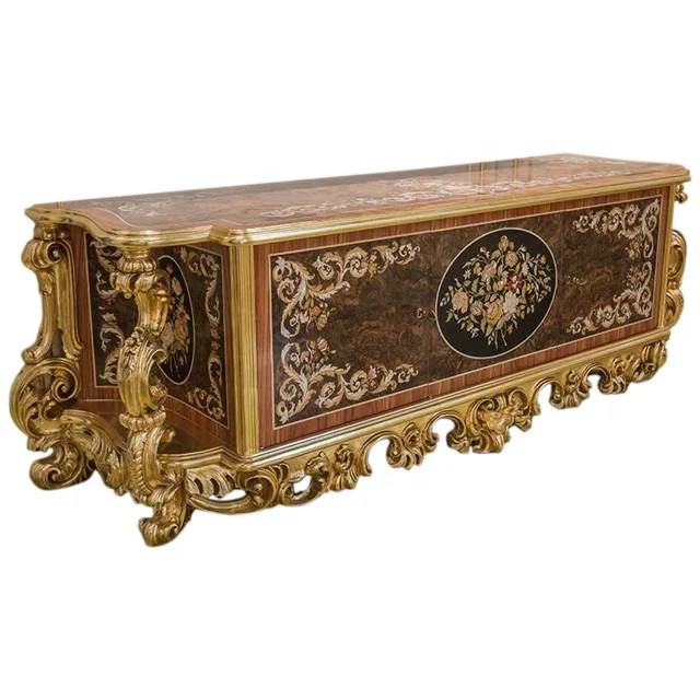 Italy design Luxury Carved Wood TV Stand, Classic Marquetry Inlaid TV Cabinet, Antique French style Sideboard