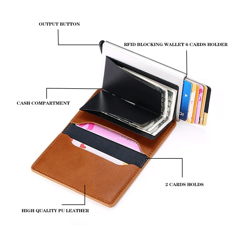 Customization Trading Aluminum Pop Up Pu Leather Card Holder Binder Metal Business Card Holder Wallet With Metal Box