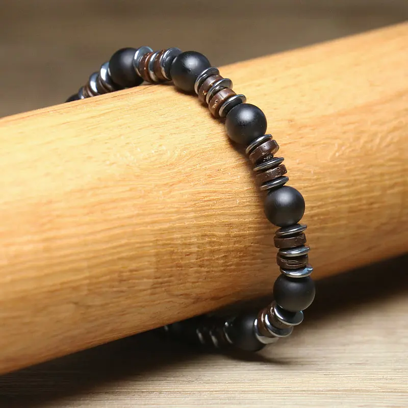 Minimalist 8mm Onyx Stone Bracelet for Men Jewelry Handmade Elastic Natural Coconut Hematite Beaded Bracelet Gift