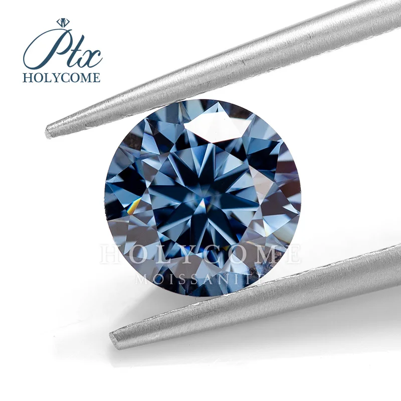 Holycome  GRA VVS Natural Fancy Vivid Blue Round 8 Heart 8 Arrow Cut Colored Moissanite Stone Jewelry for Jewelry