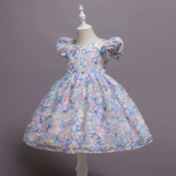 In Stock Korean Style 3D Flower Girl Bridesmaid Dress Pink Girls Party Birthday Dresses for 6Y  Soft Kids Night Dress