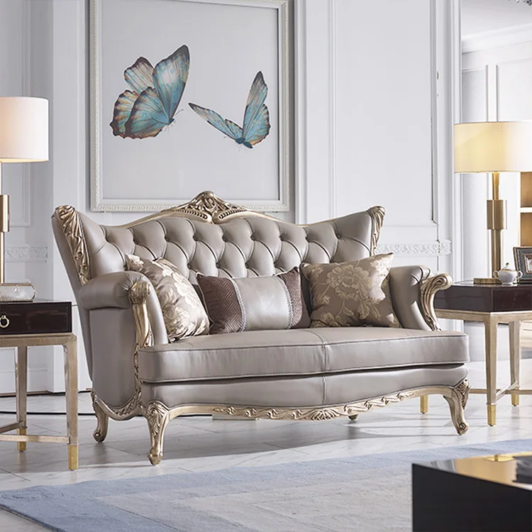 Modern Customized Light Luxury Royal French Designer Carved Solid Wood Upholstered Living Room Sectional Genuine Leather Sofa
