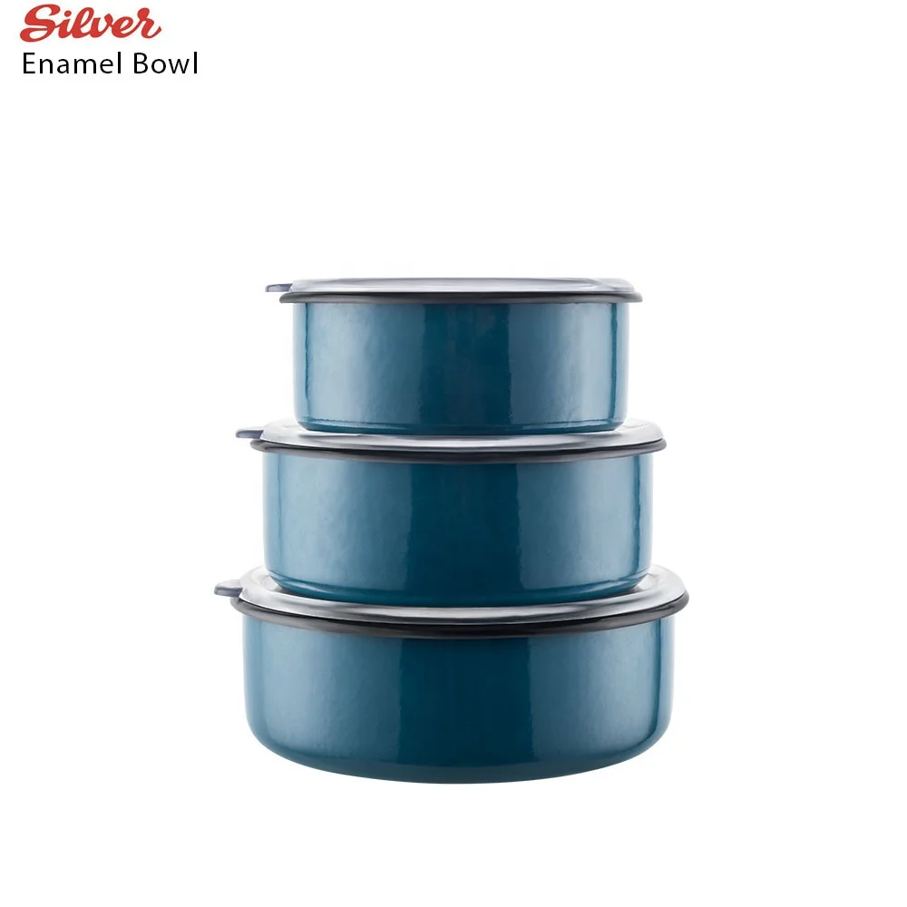 Bowl Triple Set Storage Enamel Salad Bowl Packaging Cup Three Pieces Bowl Stainless Steel Double Round Shape Kitchenware