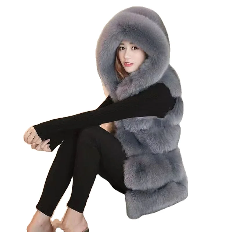 Hot sale products womens sleeveless winter vest with fur women faux fox fur poncho coat hoodie faux fur vest