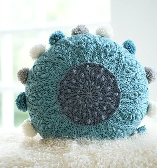 Knitted Throw Pillow Round Couch Pillow Sofa Cute Cushion Handmade Pompoms Decorative Plush Pillow
