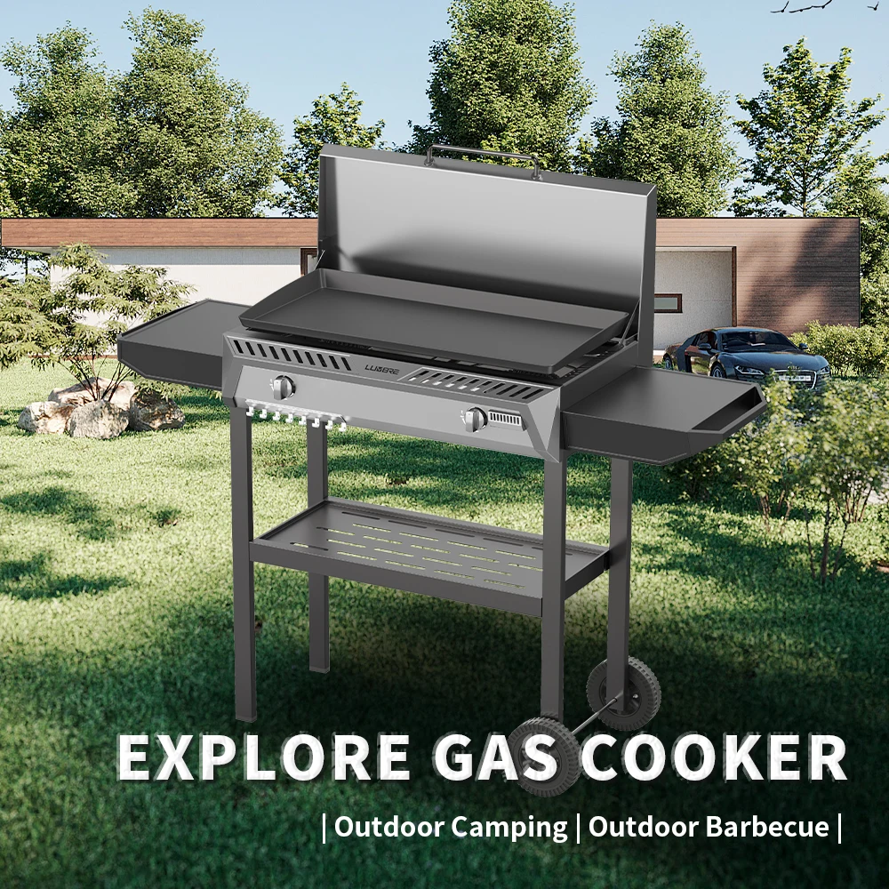 Outdoor Gas Cooker Camping Gas Stove 2 Cast Iron Burner Propane Griddle Barbecue Grill For Backyard