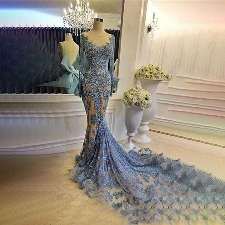 
2020 new regular neck mermaid large bow applique blue prom dress with train long sleeves 