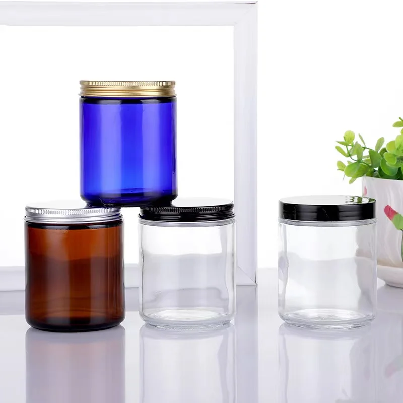 250ml 8oz Candle Tins Container Amber Blue Transparent Round Glass Jars With Lids For Body Butter