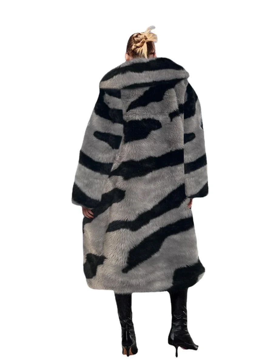 New Design Women Leopard Pattern Grey Stripe Faux Fur Coat