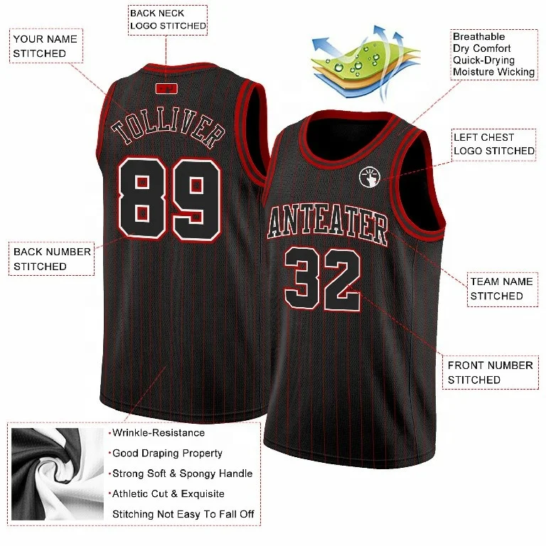 Latest Custom Youth Black And Red Pinstripes Reversible Basketball Jerseys Uniform