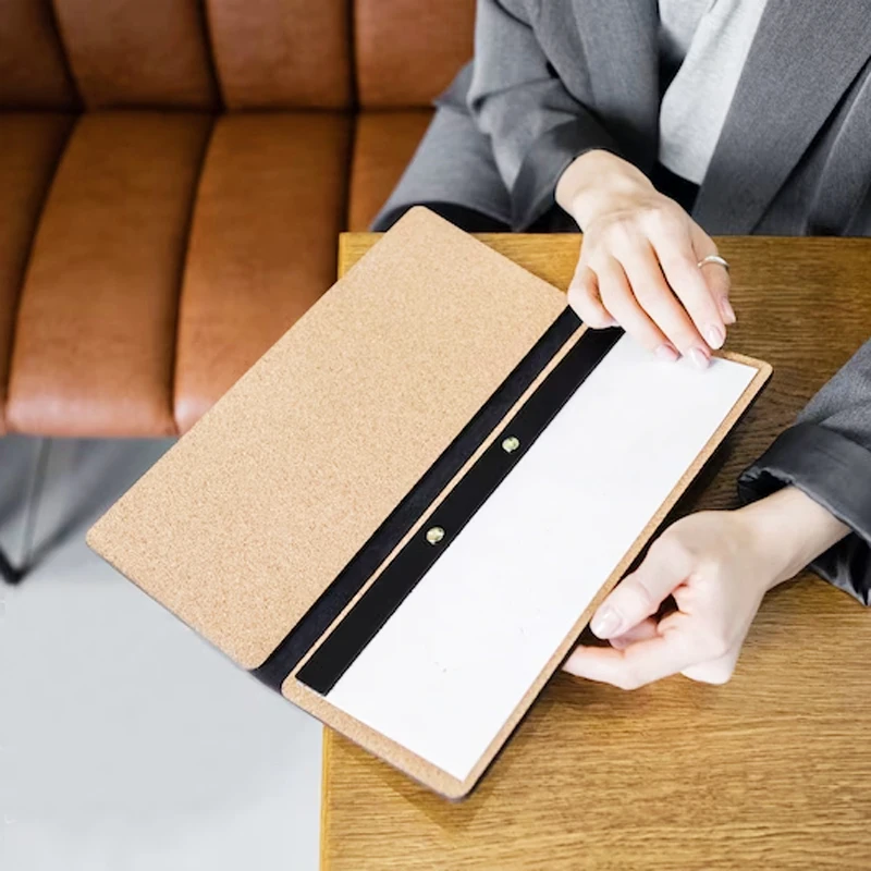 Customizable Natural Cork Leather Continuous Menu Cover Holder for Restaurant Cafe Bar Menu Folder