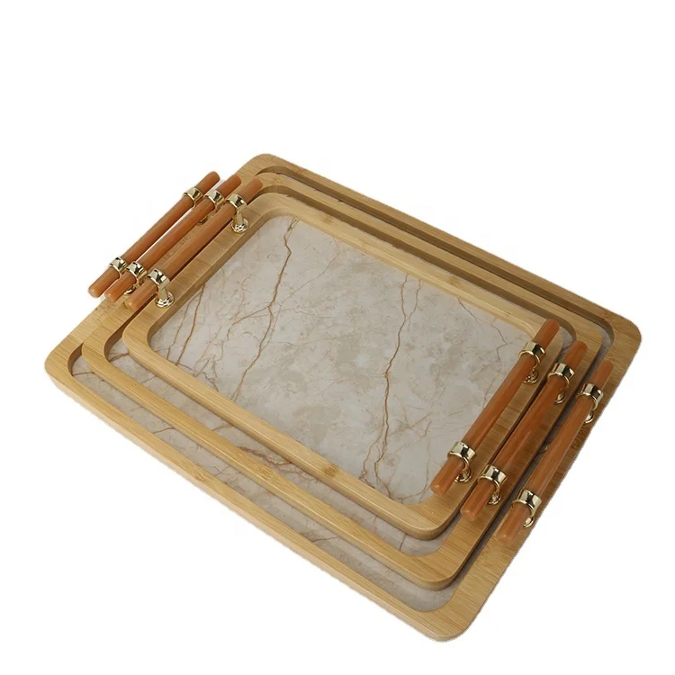 Retro Rectangular Art Figured Textured Sheet Patterned Plastic bottom Fruit Tray Tea Cup Tray bamboo Serving Snack Tray Set
