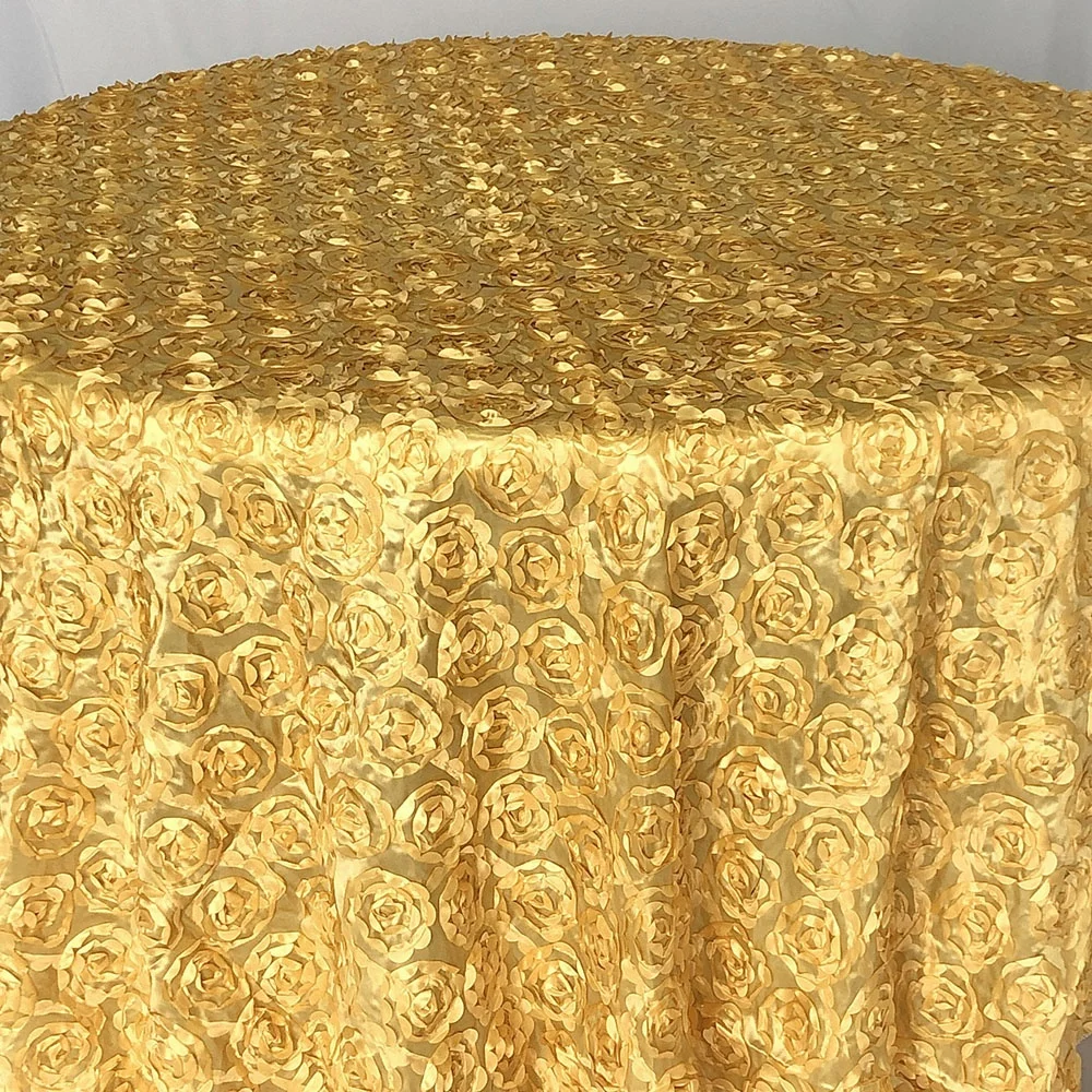 Satin Raised Rosettes Gold 3D Floral Tablecloth for Wedding Party