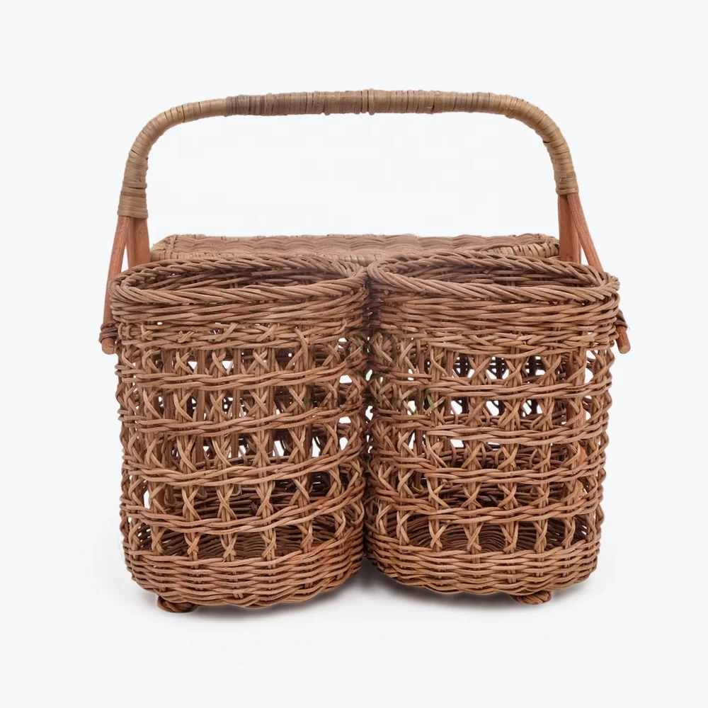 Vintage Wicker Rattan Picnic Basket with Two Wine Bottle Holders for Wholesale