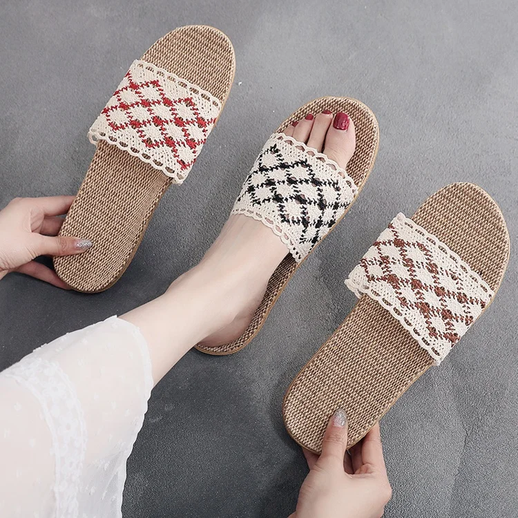 A word flip flops lace high quality women house indoor cheap summer indoor slippers linen