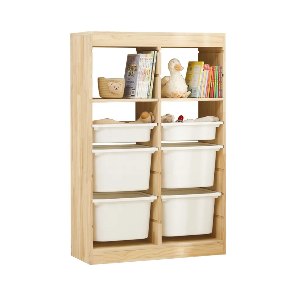 Living Room Kindergarten Wooden Storage Shelf Toys Organizer Kids Furniture Books Cabinets Plastic Storage Bin