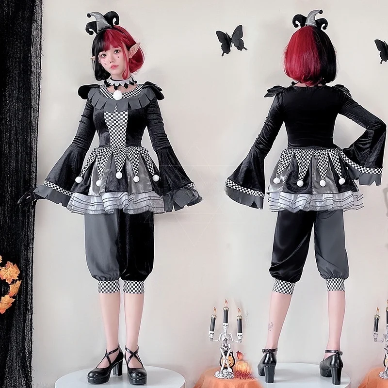 Halloween adult male and female couples costume clown suit cosplay black and white broken soul clown performance costume.