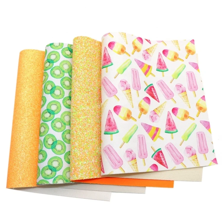 4pcs/set Fruit Kiwi Popsicle Print Yellow Faux Leather Material Mix Glitter Sheets Synthetic Leather Fabric For Diy 1187519