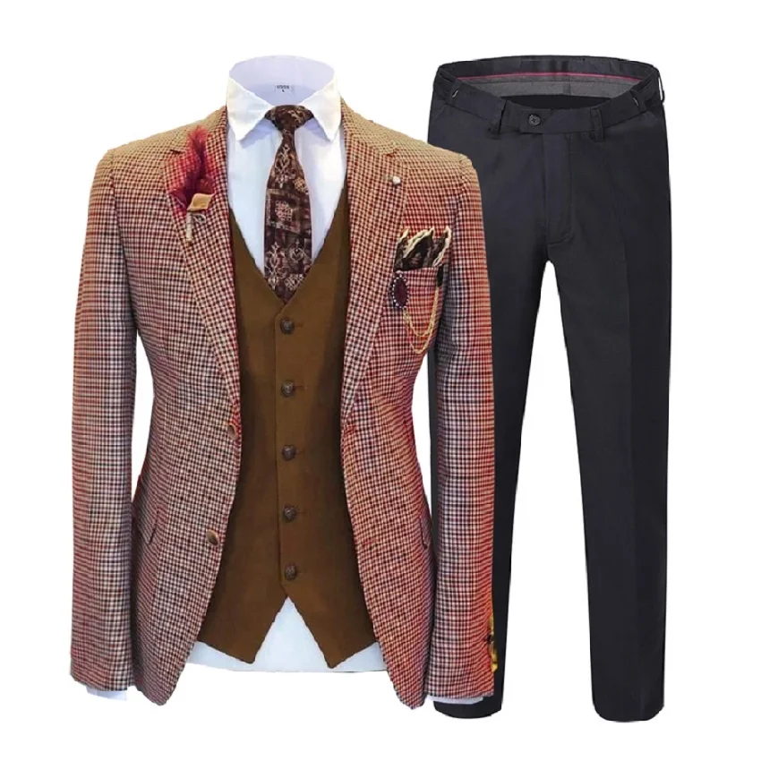 Custom Slim Fit Tweed Wool Business Plaid Design Wedding Groom 3 Piece Suits Set For Men