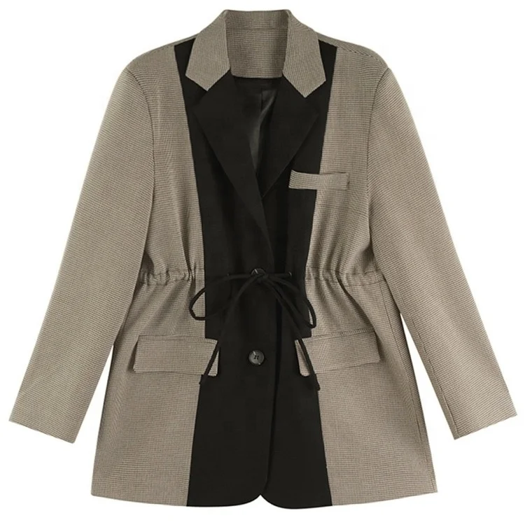 OUDINA New Style Drawstring Waist Casual Plaid Suit Jacket Blazers Ladies Women