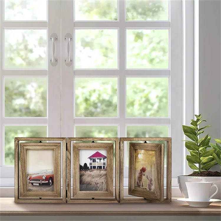 Rustic 4x6 double-sided display rotatable hinged folding triple picture wood creative frame photo for home tabletop
