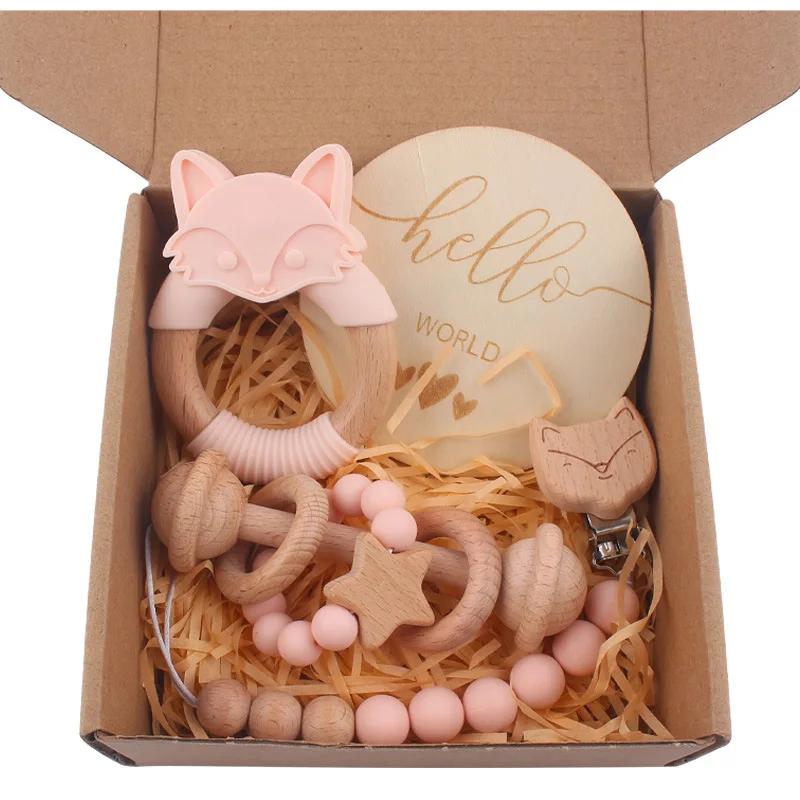 New design baby beech silicone 4pcs baby gift set headband bunny teether rattle chewable baby teether