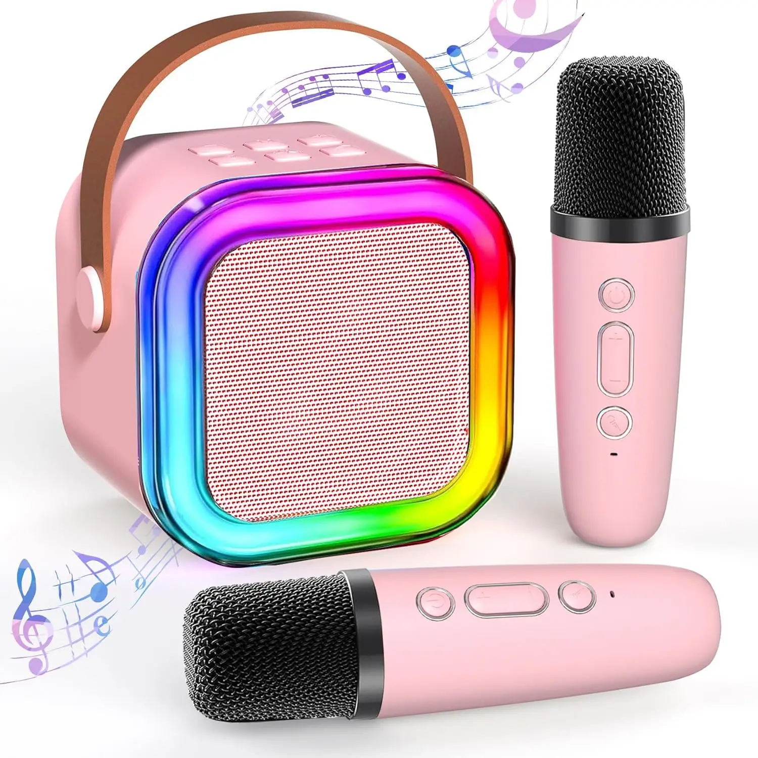 Karaoke Machine for Kids Adults, Portable Bluetooth Mini Karaoke Microphone Speaker with 2 Wireless Mic and Light for Family