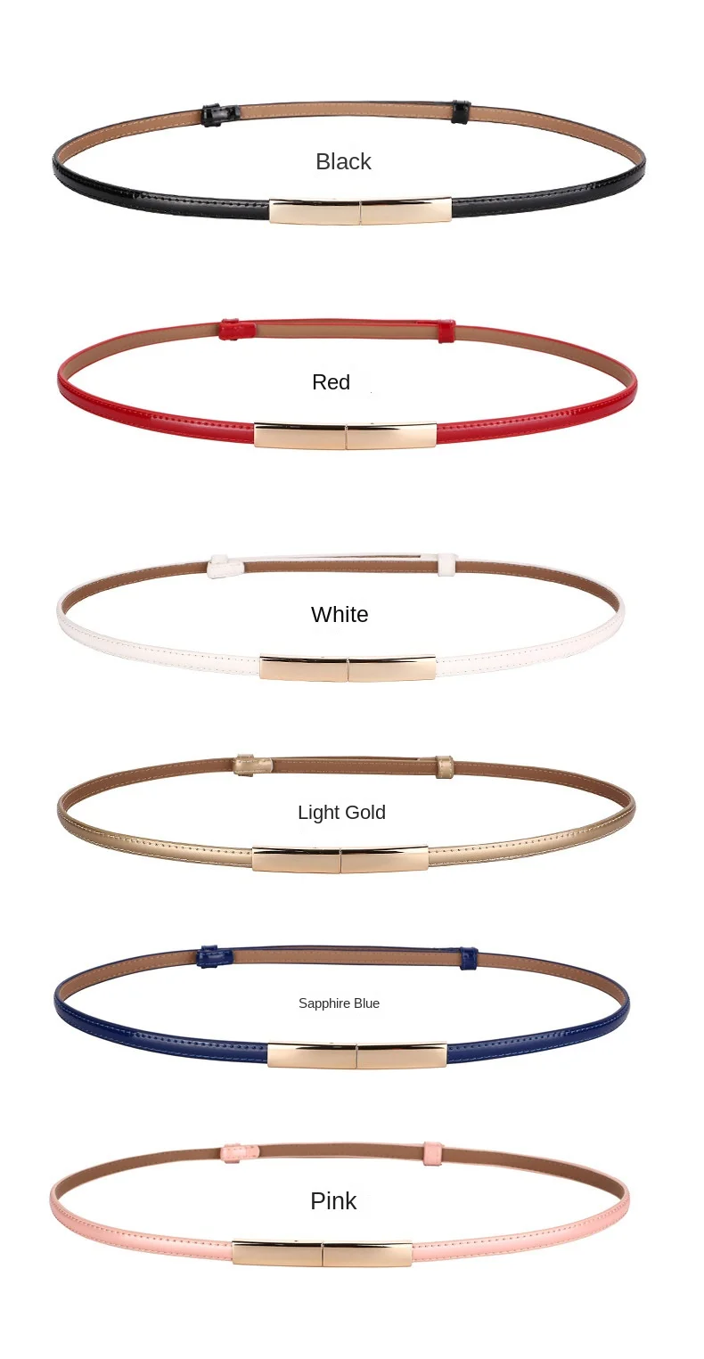 Wholesale Korean style pure color genuine leather  Women Belt Thin Skinny Metal Gold Elastic Buckle Waistband  Waist Belt