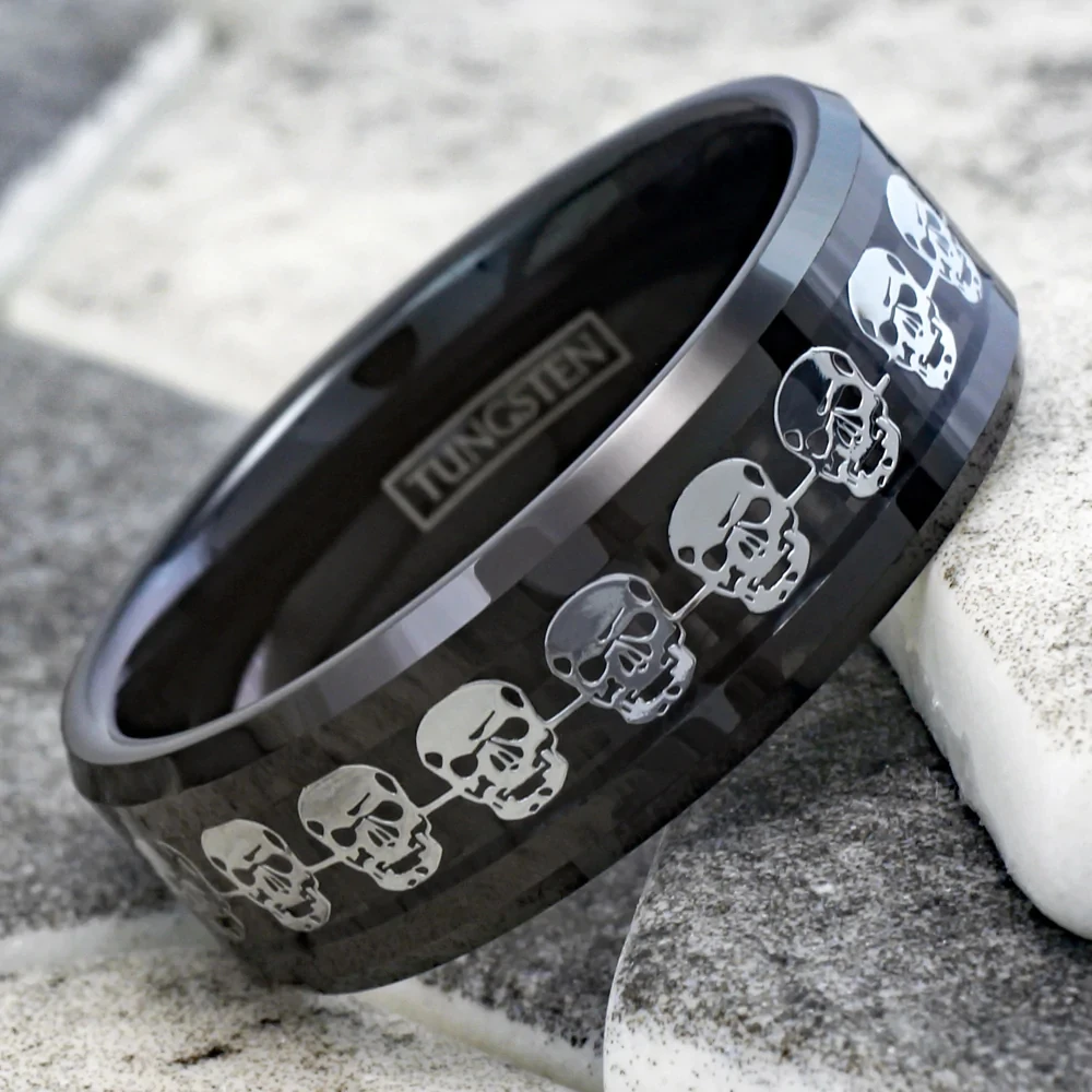Men Silver Skull Skeleton Inlay Carbon Fiber Wedding Band Promise Rings Black Tungsten Carbide Rings
