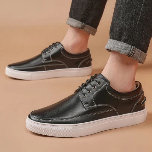 Fashion Trendy Design Non-slip Office Black Flats Footwear Lace Up Casual Dress Shoes Genuine Leather Sneakers Walking Men Shoes