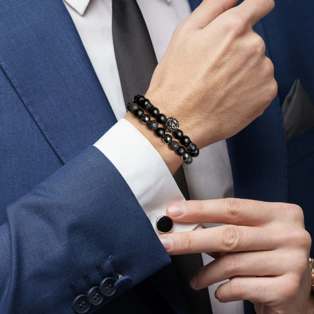 2024 Newest Fashion Lava Rock Stone and Matte Onyx Cross Skull Dragon Head Charm 2 Pieces Bracelet Sets