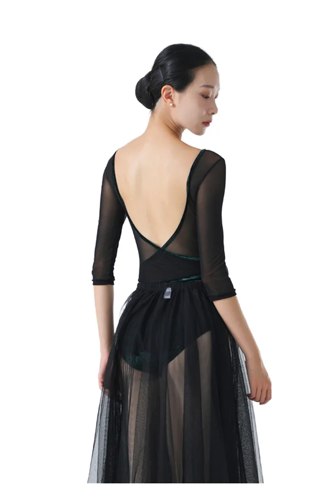 High Quality Women Adult Velvet Backless Long Sleeve Leotard Green Red Gym V Neck Color Block Ballet Training Dancewear