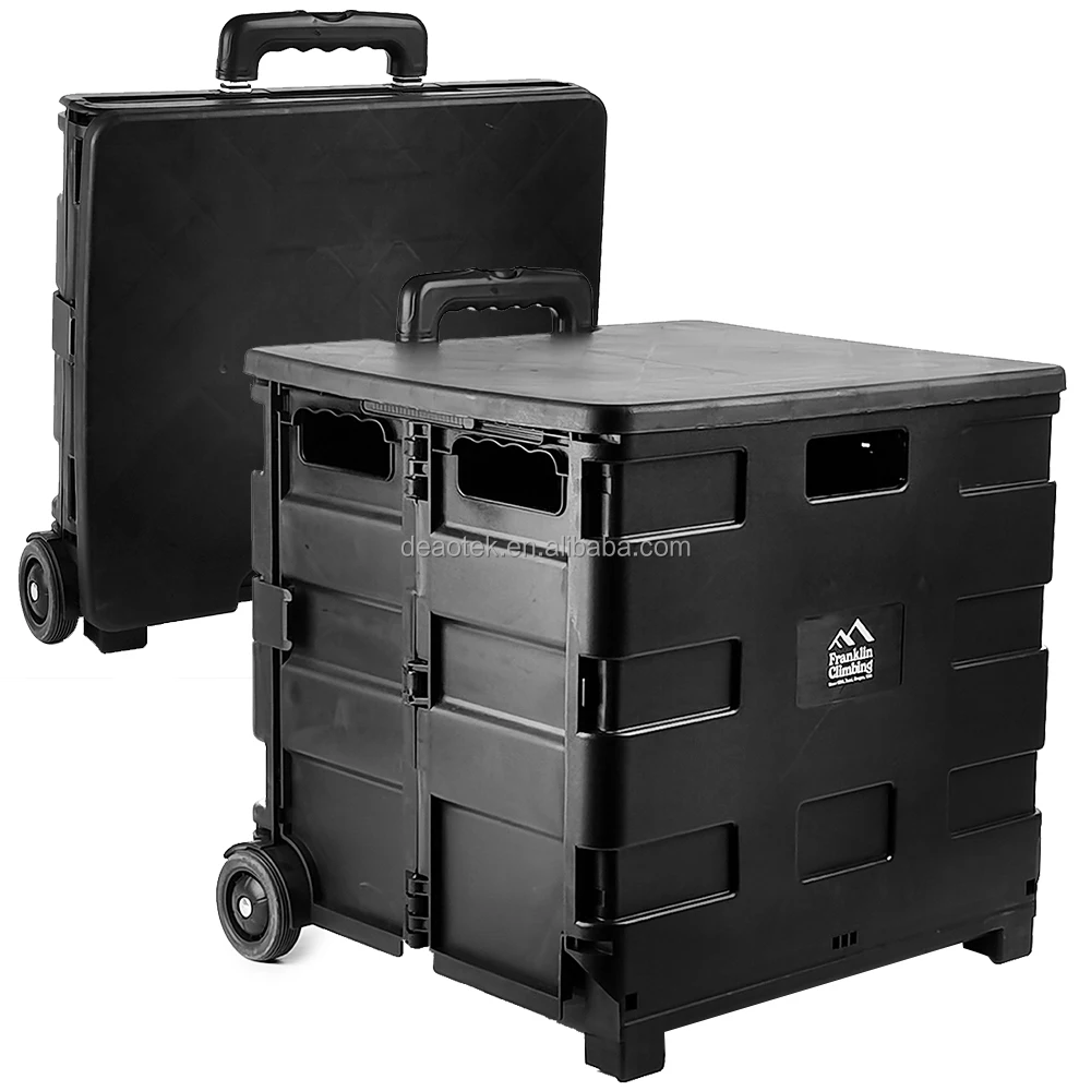 Pack and roll collapsible portable folding plastic grocery shopping trolley cart with wheels Adjustable Handle