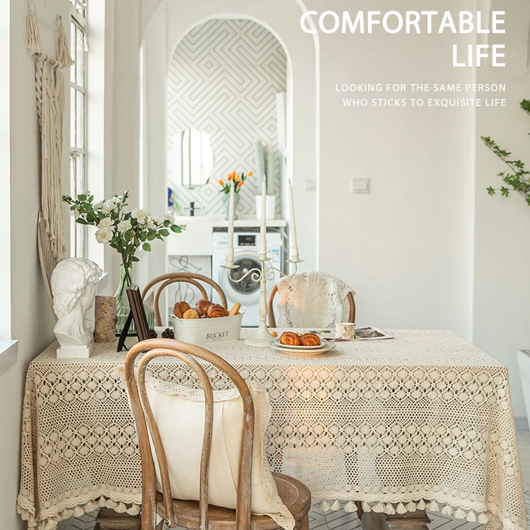 Ins Crocheted Hollowed Retro Luxury Lace Style Table Cloth Cotton Square Rectangle Desktop Tablecloth With Tassels