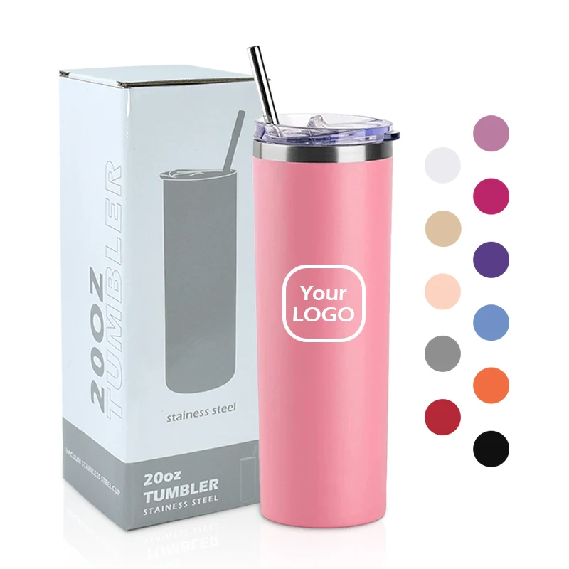 Custom Logo Company Personalized Gifts Double Wall Insulated Stainless Steel 20oz Skinny Slim Tumbler Cups with lid and straw