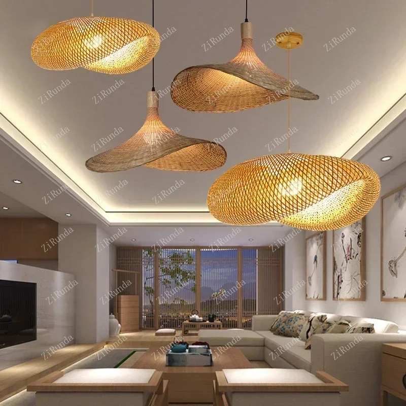 With LED Bulb Rattan Wicker Wood Pendant Light Ceiling Lustre Chandelier Hanglamp Hand Craft Home Living Bed Room Decor