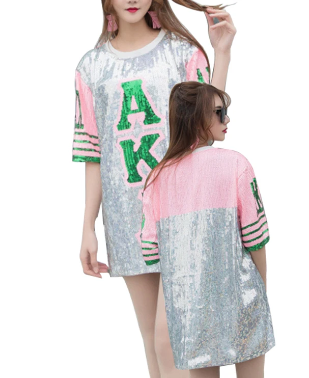 Customized Party Club Over Sized Sorority Sequin T Shirt Jersey Dress AKA  Letter Greek Sorority Sparkler Jersey Dress