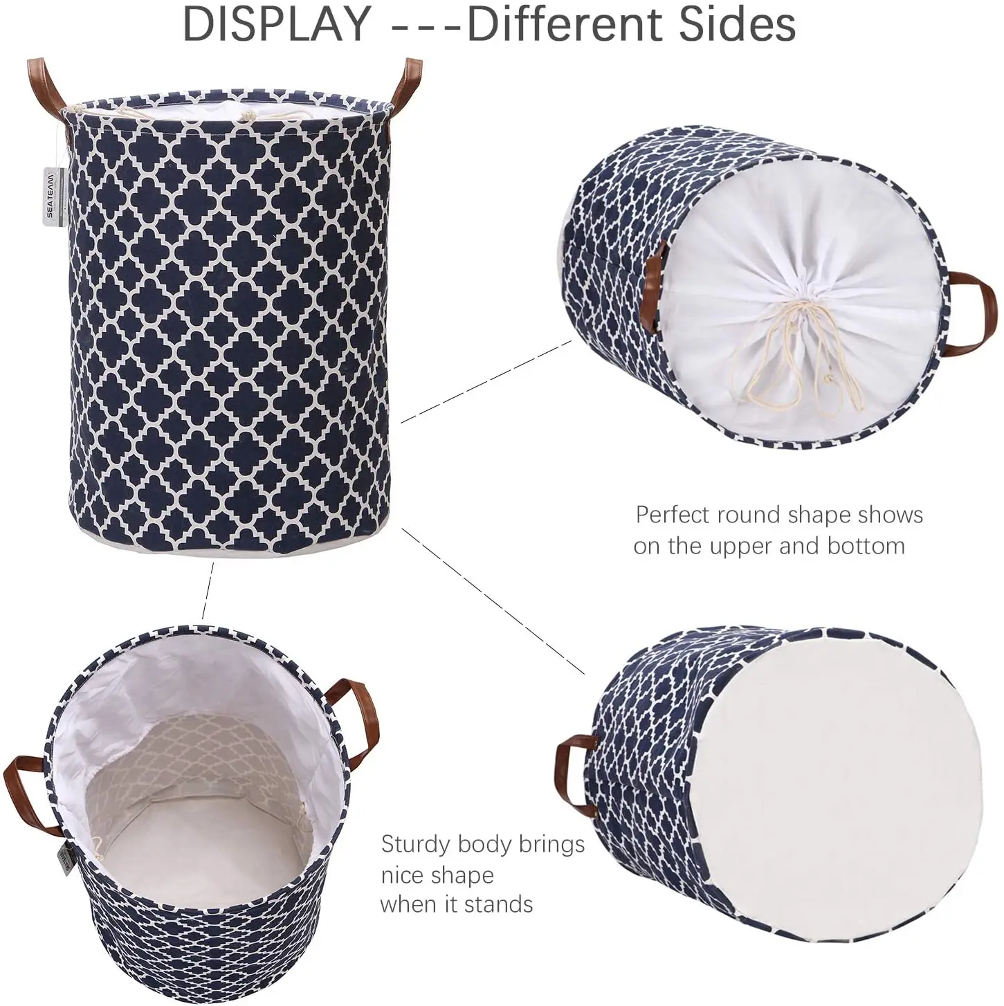 Sea Team Moroccan Lattice Pattern Laundry Hamper Canvas Fabric Laundry Basket Collapsible Storage Bin with PU Leather Handles
