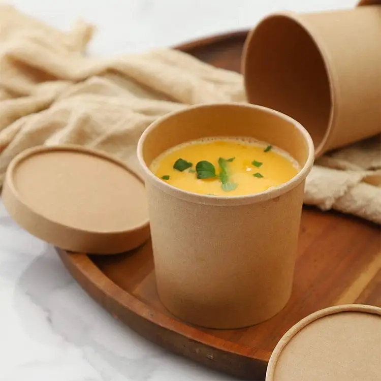 Custom Print Eco-friendly Disposable Food To Go Packaging Container Kraft Paper Bowl Rice Soup Cup Take Away Salad Bowl With Lid