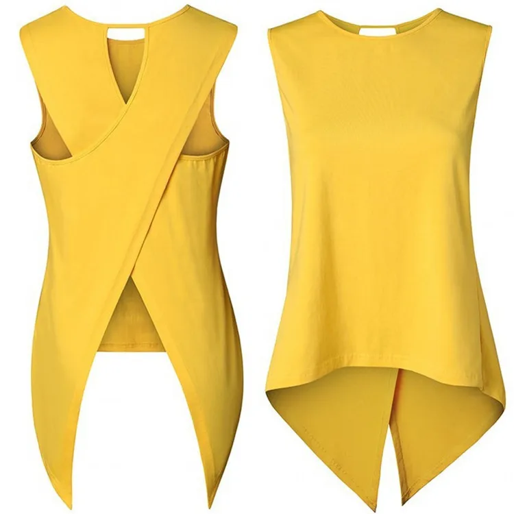 
fashion women solid orange irregular sleeveless back cross strap slim long tops shirts blouse for ladies 