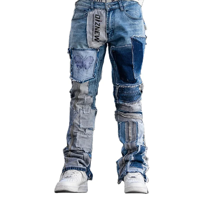 DIZNEW Custom denim jeans men 2024 washed patchwork stretch slim jeans