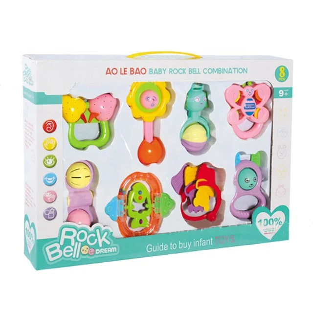 8 PCS Toddler Handheld Shaking Rocking Bells Rings Rattle Teether Baby Toys for Kids