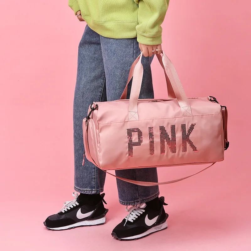 Customized Glitter Shiny Logo Large Capacity Pink Duffle Bags Women Waterproof Sports Travel Duffel Bags With Shoe Compartment