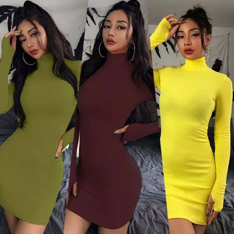 Однотонное облегающее платье с длинным рукавом и высоким воротником, осень 2020, Новое поступление, женские хлопковые платья-карандаш