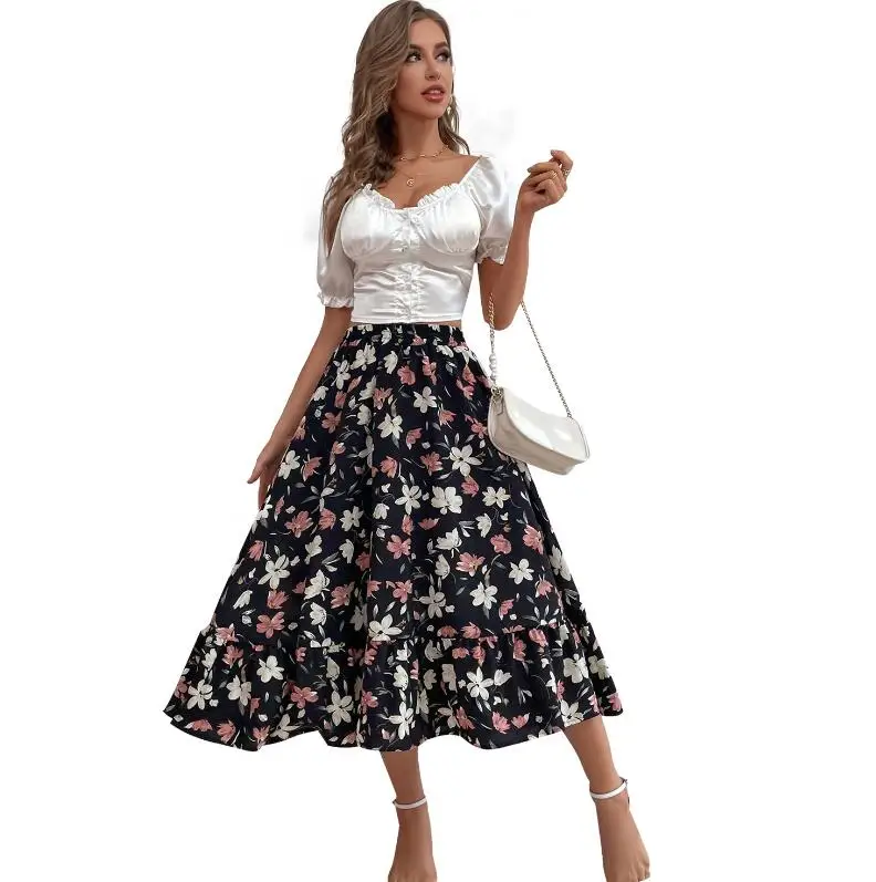 Wholesale leisure vacation style slimming floral print large size skirt for women and girls