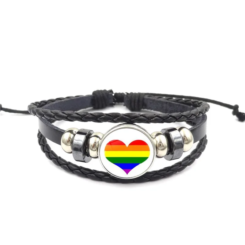 
Gay Pride Glass Buckle Charm Bracelet Rainbow Flag Gay Jewelry Handmade DIY Beaded Weave Black Leather LGBT Bracelet 