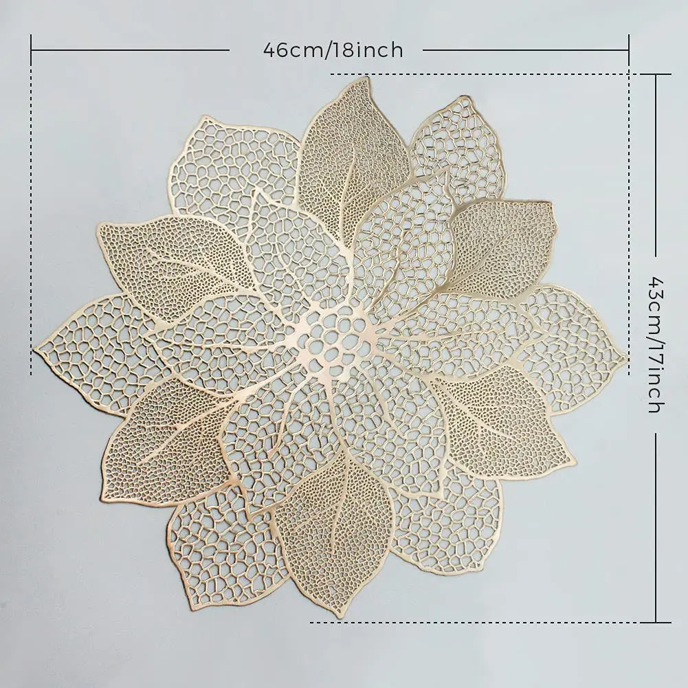 2022 CR Gold/Silver/Red Round Table Mats Pressed PVC Metal Placemats Hollow Christmas Flower Placemats for Table Decoration