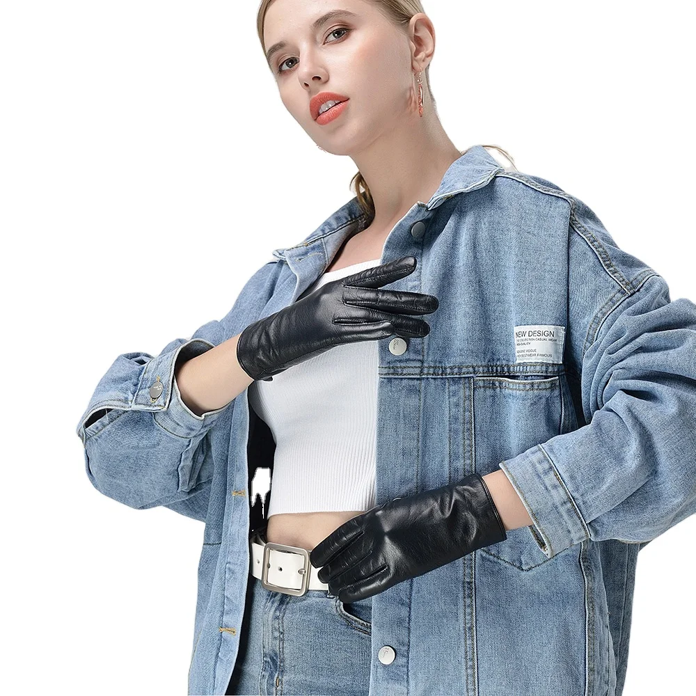 Kulanyane High End Premium Basic Style with Button Ladies Navy Winter Driving Lamb Leather Gloves