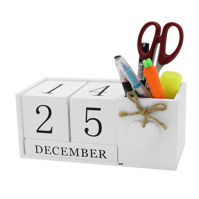 
Wooden desktop block calendar pen holder permanent desk storage month date display home office decorations calendar pen holder 